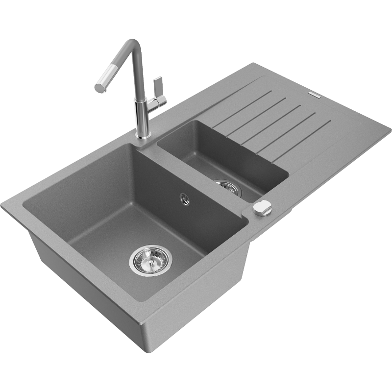 Mexen Matias lava-louça de granito 1,5 cuba com escorredor e torneira de cozinha Flora, cinza - 6502-71-670401-06