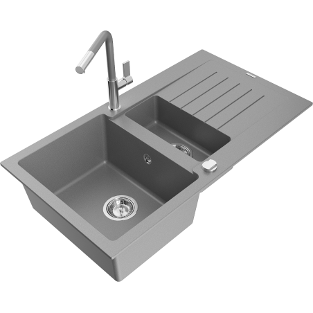 Mexen Matias granite sink 1.5-bowl with drainer and Flora kitchen tap, gray - 6502-71-670401-06