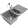 Mexen Matias granite sink 1.5-bowl with drainer and Flora kitchen tap, gray - 6502-71-670401-06