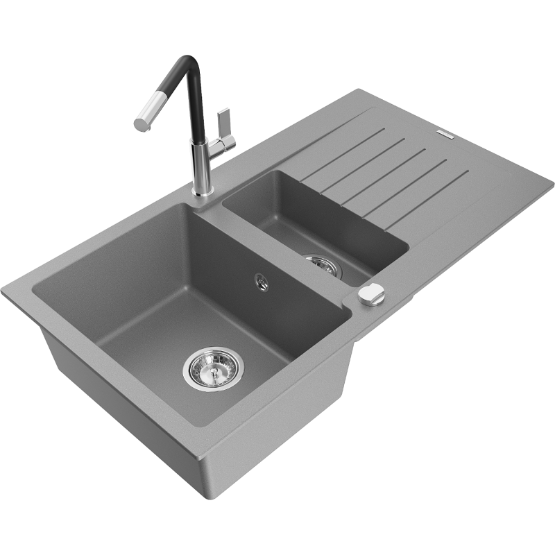 Mexen Matias lava-louça de granito 1,5-bacia com escorredor e torneira de cozinha Flora, cinza - 6502-71-670401-07