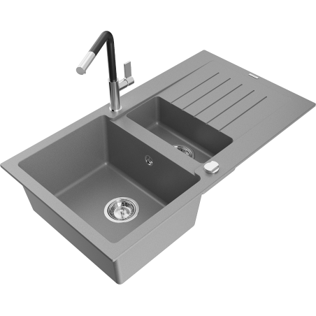 Mexen Matias Granite Sink 1.5 Bowl with Drainer and Flora Kitchen Tap, Grey - 6502-71-670401-07