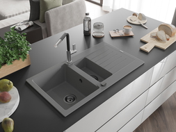 Mexen Matias fregadero de granito de 1,5 cubetas con escurridor y grifo de cocina Flora, gris - 6502-71-670401-07-B