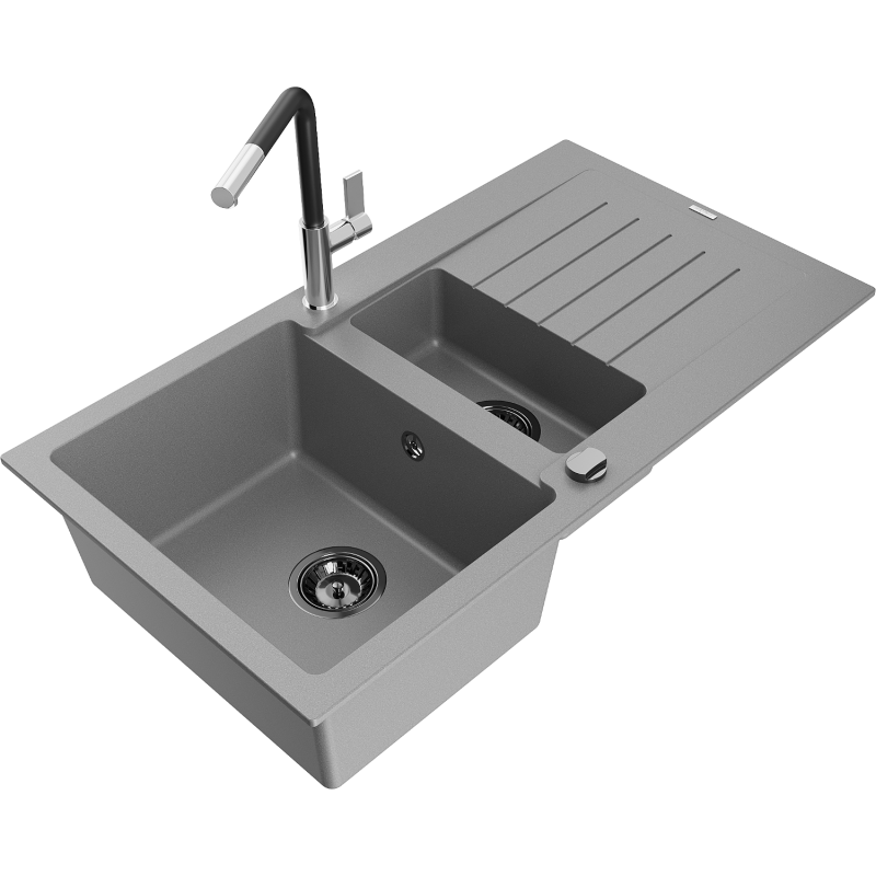 Mexen Matias fregadero de granito de 1,5 cubetas con escurridor y grifo de cocina Flora, gris - 6502-71-670401-07-B