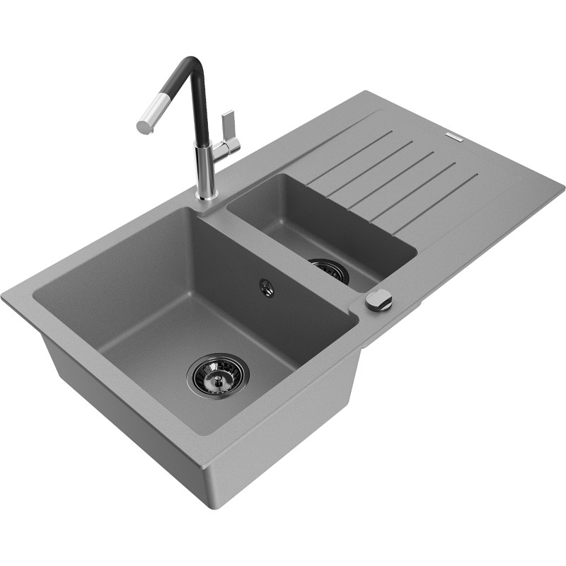 Mexen Matias granit gootsteen 1,5-komorige met afdruiprek en keukenkraan Flora, grijs - 6502-71-670401-07-B