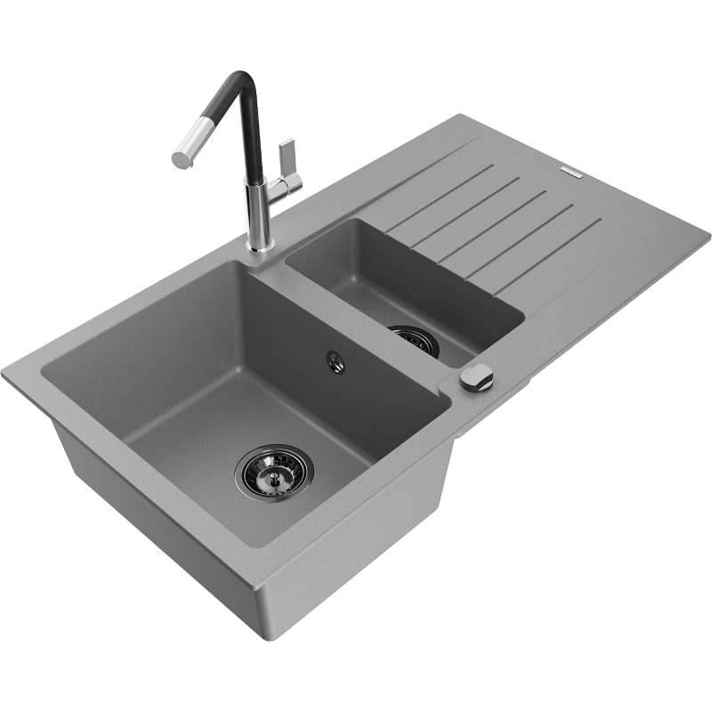 Mexen Matias granite kitchen sink 1.5-bowl with drainer and Flora kitchen tap, grey - 6502-71-670401-07-B