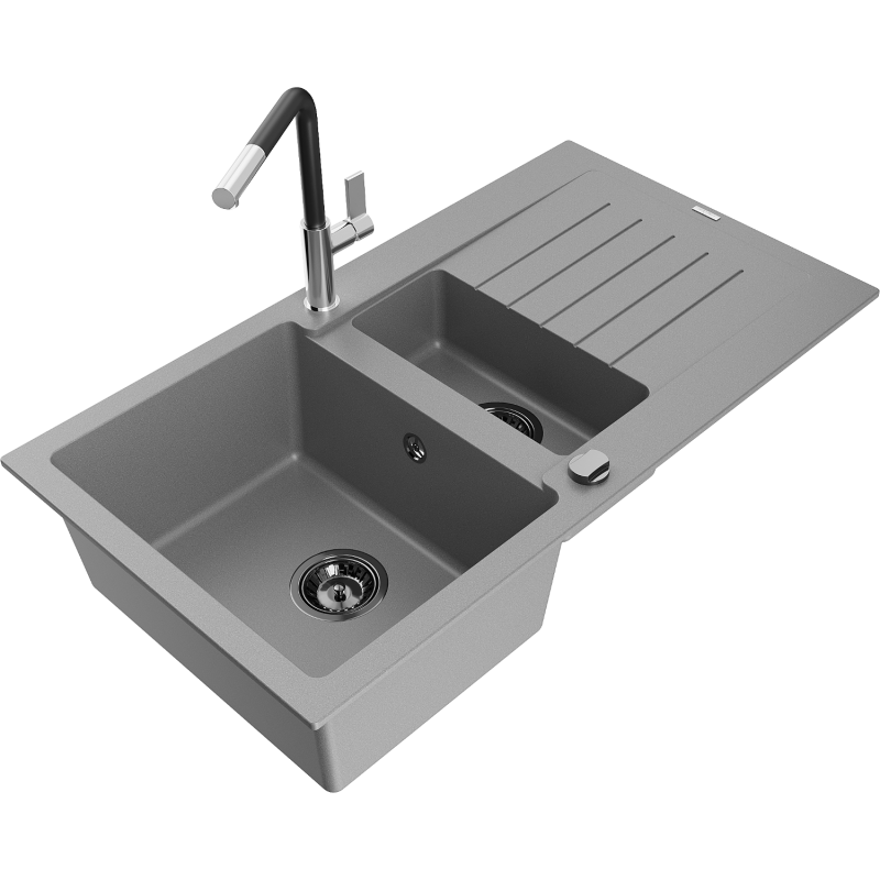 Mexen Matias lava-loiça de granito 1,5-bacia com escorredor e torneira de cozinha Flora, cinza - 6502-71-670401-07-B