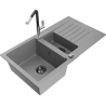 Mexen Matias granite kitchen sink 1.5-bowl with drainer and Flora kitchen tap, grey - 6502-71-670401-07-B