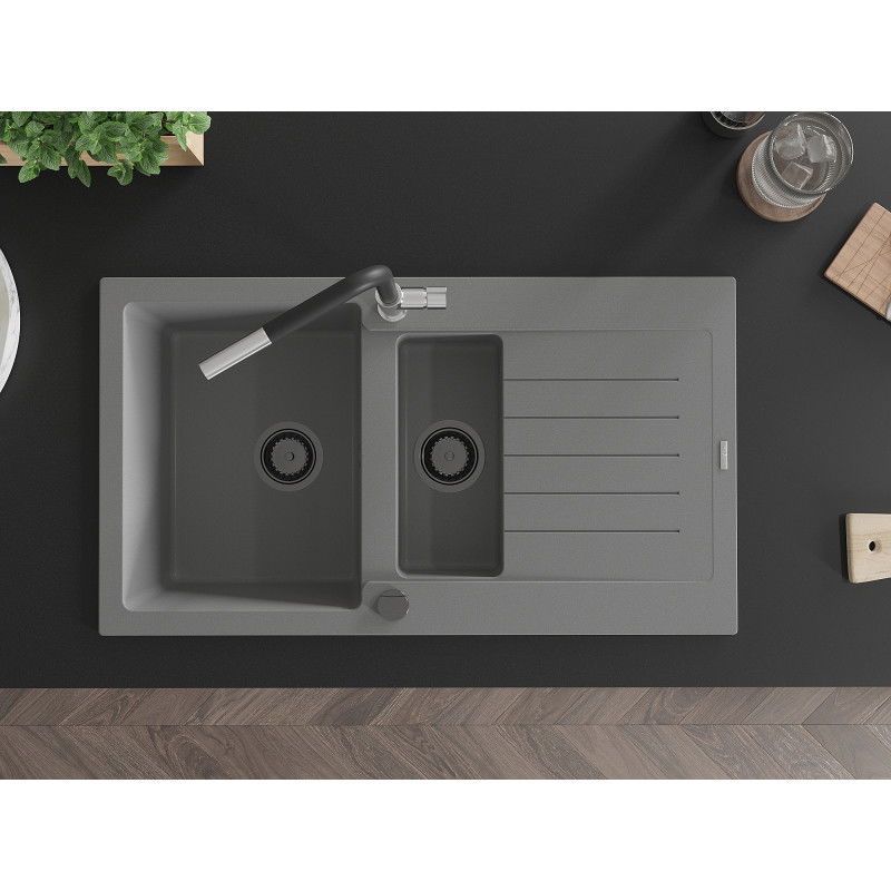 Mexen Matias fregadero de granito de 1,5 cubetas con escurridor y grifo de cocina Flora, gris - 6502-71-670401-07-B
