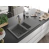 Mexen Matias Granitspüle 1,5-Becken mit Abtropffläche und Küchenarmatur Flora, grau - 6502-71-670401-57-B
