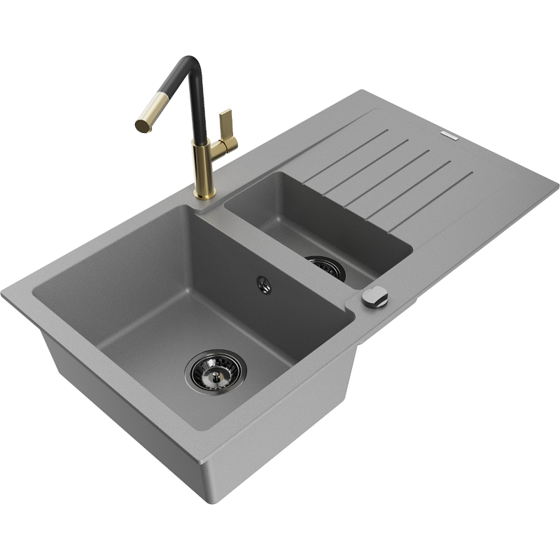 Mexen Matias fregadero de granito 1,5 senos con escurridor y grifo de cocina Flora, gris - 6502-71-670401-57-B