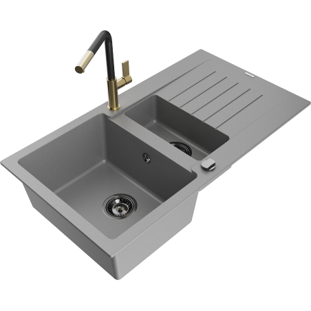 Mexen Matias granite sink 1.5-bowl with drainer and Flora kitchen faucet, gray - 6502-71-670401-57-B