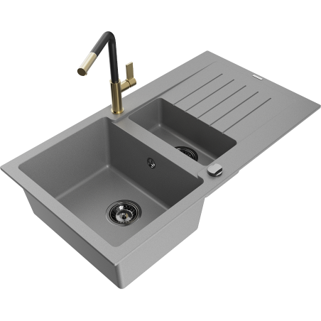 Mexen Matias Granitspüle 1,5-Becken mit Abtropfbecken und Küchenarmatur Flora, grau - 6502-71-670401-57-B