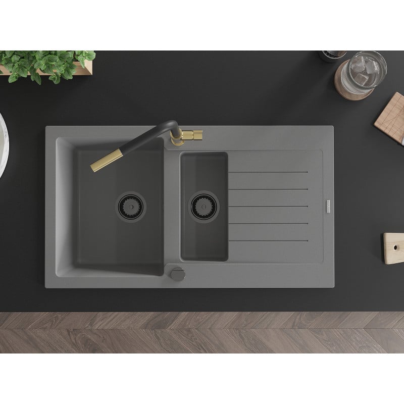 Mexen Matias Granitspüle 1,5-Becken mit Abtropffläche und Küchenarmatur Flora, grau - 6502-71-670401-57-B