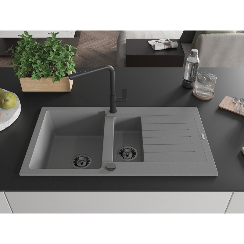 Mexen Matias lavello in granito a 1,5 vasche con scolapiatti e miscelatore cucina Flora, grigio - 6502-71-670401-70-B