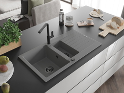 Mexen Matias lavello in granito a 1,5 vasche con scolapiatti e miscelatore cucina Flora, grigio - 6502-71-670401-70-B