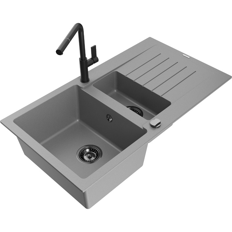 Mexen Matias granitspüle 1,5-becken mit abtropffläche und küchenarmatur Flora, grau - 6502-71-670401-70-B