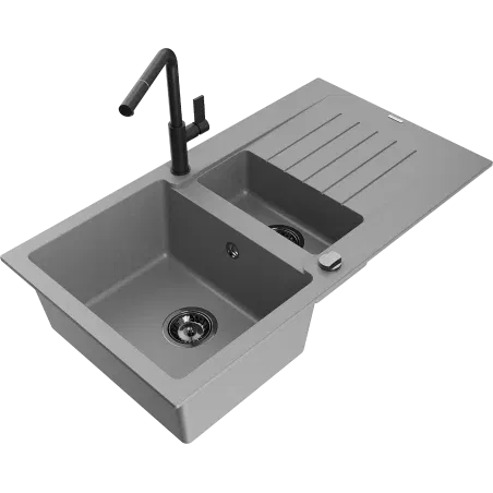 Mexen Matias Granit-Spüle 1,5-beckig mit Abtropffläche und Küchenarmatur Flora, grau - 6502-71-670401-70-B