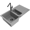 Mexen Matias granite sink 1.5-bowl with drainer and Flora kitchen tap, grey - 6502-71-670401-70-B