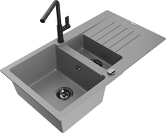 Mexen Matias granite sink 1.5-bowl with drainer and Flora kitchen tap, grey - 6502-71-670401-70-B