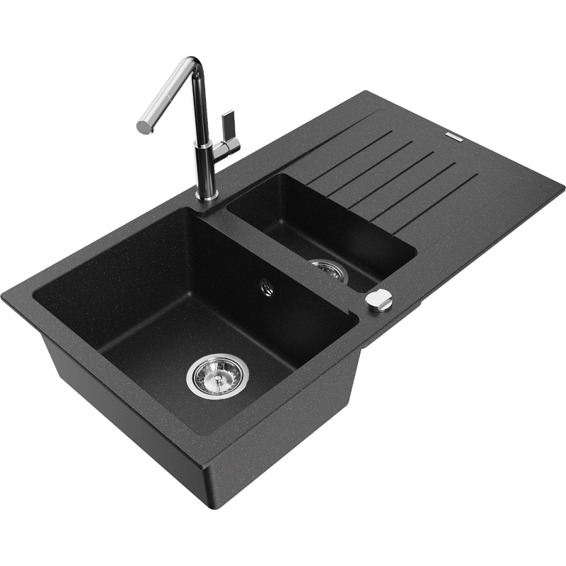 Mexen Matias fregadero de granito de 1,5 senos con escurridor y grifo de cocina Flora, negro/plata - 6502-73-670401-00