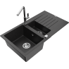 Mexen Matias granite sink 1.5-bowl with drainer and Flora kitchen tap, black/silver - 6502-73-670401-00