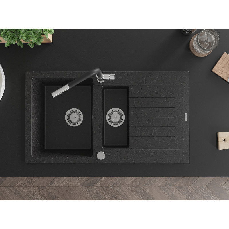 Mexen Matias granieten gootsteen 1,5-kom met afdruiprek en keukenkraan Flora, zwart/zilver - 6502-73-670401-07