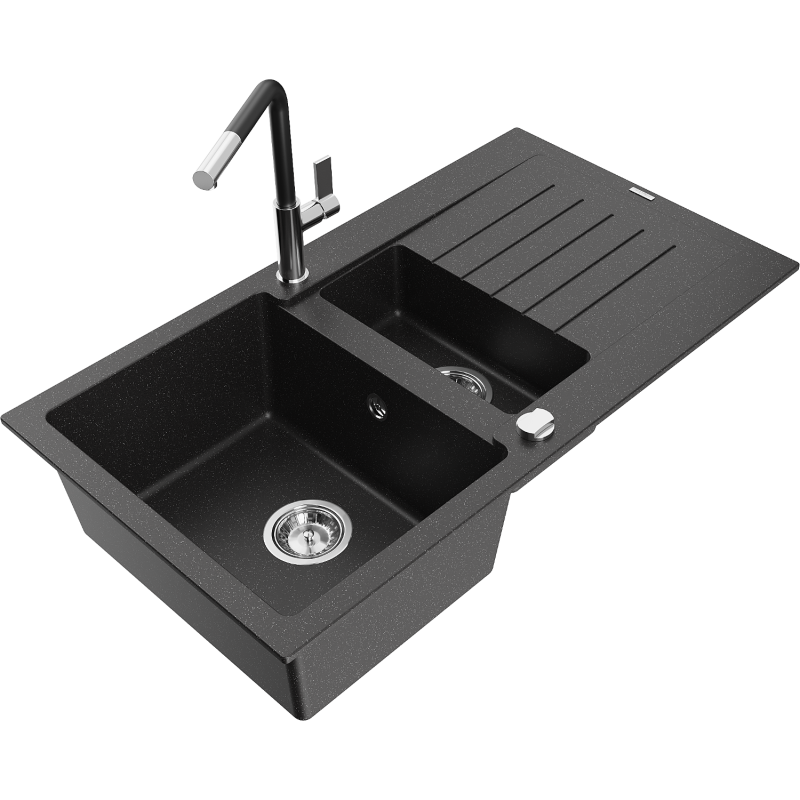 Mexen Matias 1.5-bowl Granite Sink with Drainer and Flora Kitchen Tap, Black/Silver - 6502-73-670401-07