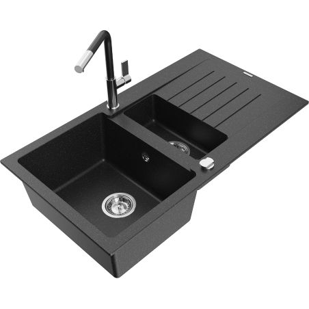 Mexen Matias Granitspüle 1,5-fach mit Abtropffläche und Küchenarmatur Flora, schwarz/silber - 6502-73-670401-07