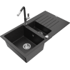 Mexen Matias 1.5-bowl Granite Sink with Drainer and Flora Kitchen Tap, Black/Silver - 6502-73-670401-07