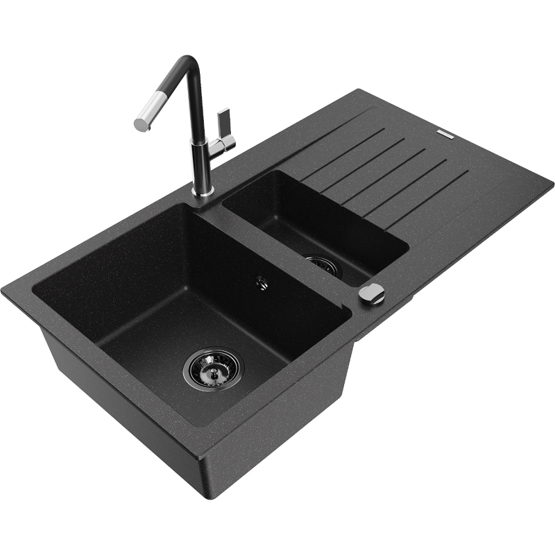 Mexen Matias lava-loiça de granito 1,5-bacias com escorredor e torneira de cozinha Flora, preto/prateado - 6502-73-670401-07-B