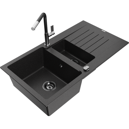Mexen Matias granit izlietne 1,5 nodalījums ar izvadvirsmu un Flora virtuves jaucējkrānu, melns/sudrabs - 6502-73-670401-07-B