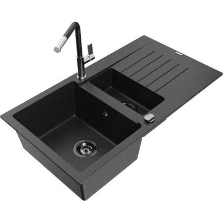 Mexen Matias Granitspüle 1,5-Becken mit Abtropffläche und Küchenarmatur Flora, schwarz/silber - 6502-73-670401-07-B
