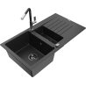 Mexen Matias granite sink 1.5-compartment with drainer and Flora kitchen tap, black/silver - 6502-73-670401-07-B