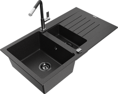 Mexen Matias granite sink 1.5-compartment with drainer and Flora kitchen tap, black/silver - 6502-73-670401-07-B