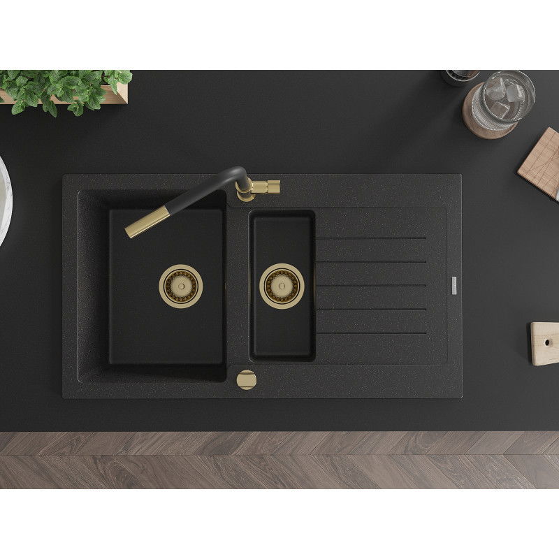 Mexen Matias lavello in granito 1,5 vasche con sgocciolatoio e rubinetto cucina Flora, nero/argento - 6502-73-670401-57-G