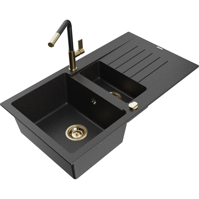 Mexen Matias lavello in granito 1,5 vasche con sgocciolatoio e rubinetto cucina Flora, nero/argento - 6502-73-670401-57-G