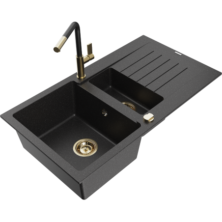 Mexen Matias granite sink 1.5-bowl with drainer and Flora kitchen faucet, black/silver - 6502-73-670401-57-G