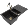 Mexen Matias granite sink 1.5-bowl with drainer and Flora kitchen tap, black/silver - 6502-73-670401-57-G