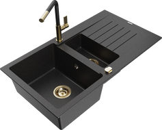 Mexen Matias granite sink 1.5-bowl with drainer and Flora kitchen tap, black/silver - 6502-73-670401-57-G