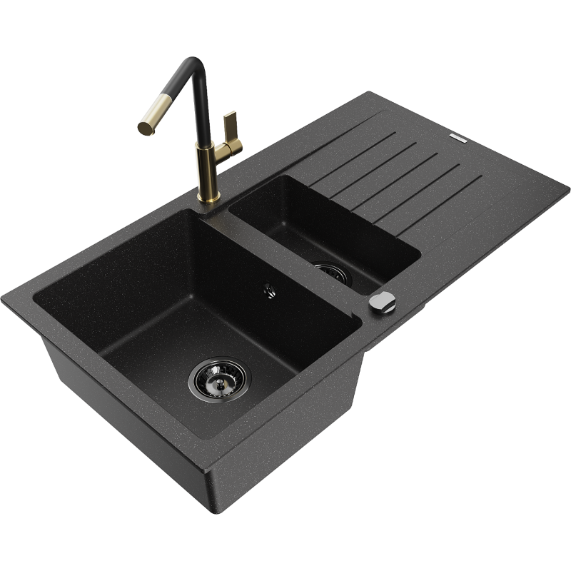 Mexen Matias 1.5-bowl granite sink with drainer and Flora kitchen tap, black/silver - 6502-73-670401-57-B