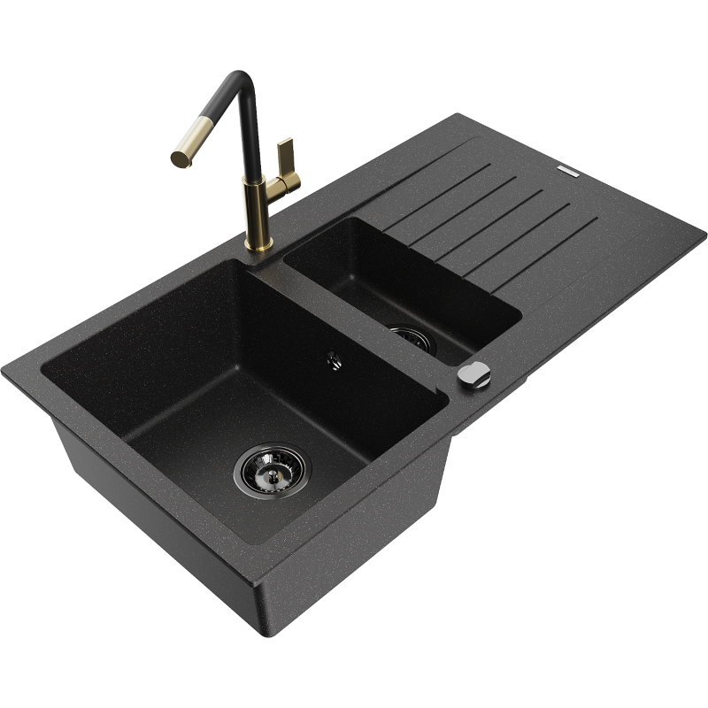 Mexen Matias granitdiskbänk med 1,5 hoar och avrinning samt Flora köksblandare, svart/silver - 6502-73-670401-57-B
