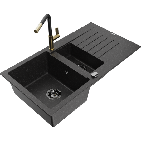 Mexen Matias lavello in granito 1,5 vasche con sgocciolatoio e miscelatore cucina Flora, nero/argento - 6502-73-670401-57-B