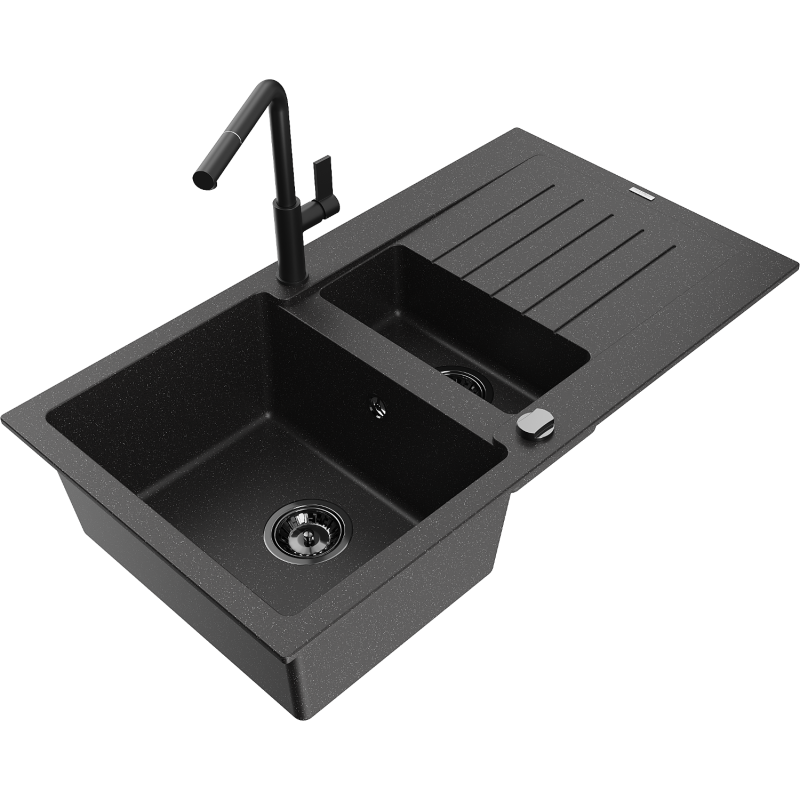 Mexen Matias fregadero de granito de 1,5 senos con escurridor y grifo de cocina Flora, negro/plata - 6502-73-670401-70-B