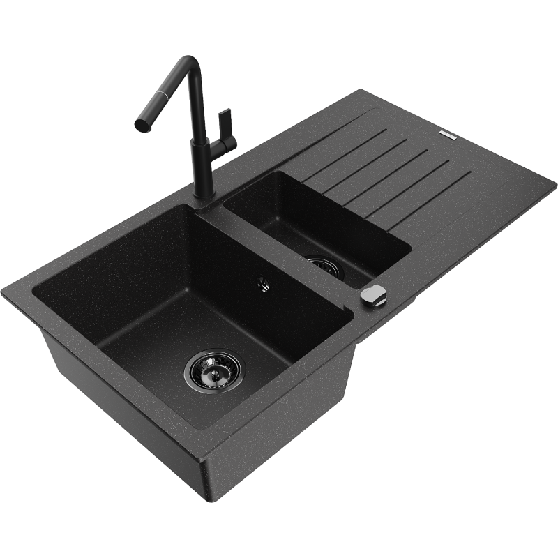 Mexen Matias Graniittinen 1,5-allasinen tiskiallas valutuksella ja keittiöhanalla Flora, musta/hopea - 6502-73-670401-70-B