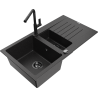 Mexen Matias granīta izlietne ar 1,5 nodalījumu, noteci un virtuves jaucējkrānu Flora, melna/sudraba - 6502-73-670401-70-B