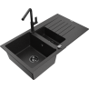 Mexen Matias granite sink, 1.5-bowl with drainer and Flora kitchen tap, black/silver - 6502-73-670401-70-B