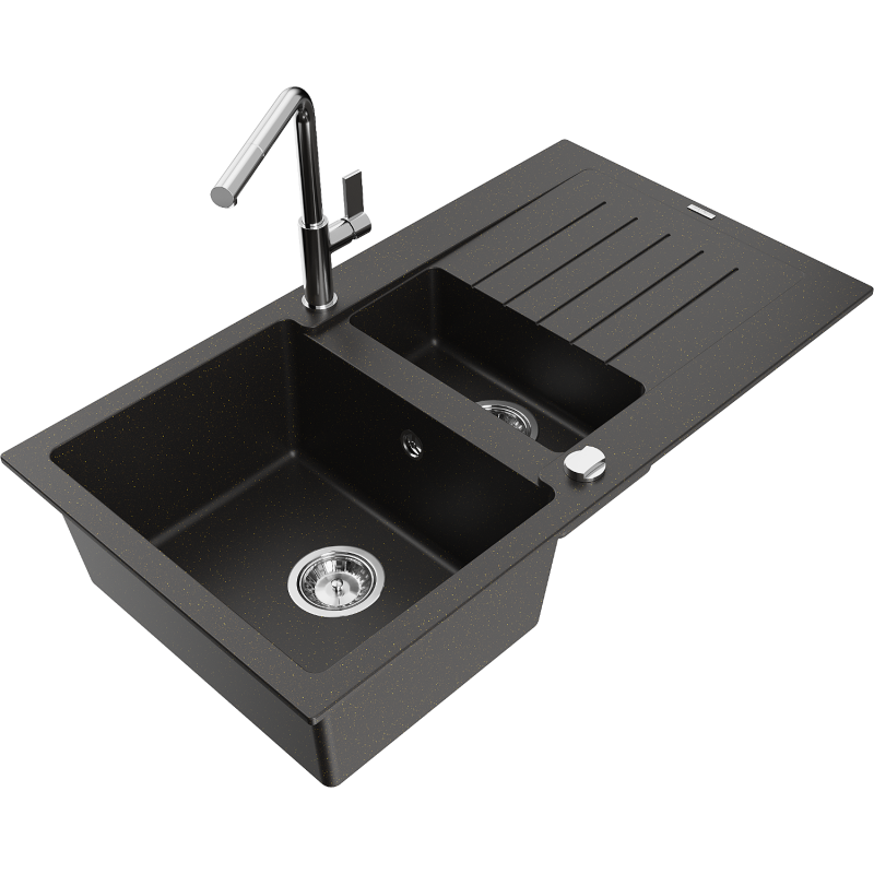 Mexen Matias granieten gootsteen 1,5-komor met druiprek en keukenkraan Flora, zwart/gouden metallic - 6502-75-670401-00