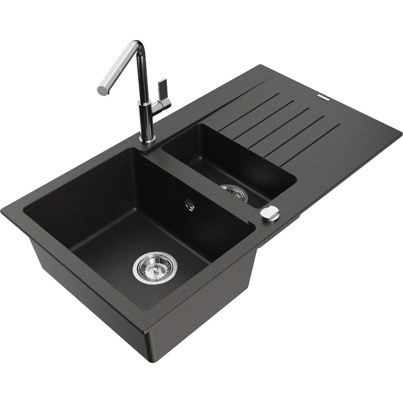 Mexen Matias granite sink 1.5-bowl with drainer and Flora kitchen tap, black/golden metallic - 6502-75-670401-00