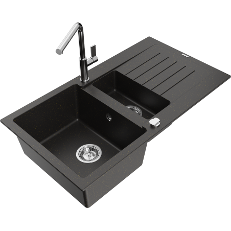 Mexen Matias fregadero de granito de 1,5 senos con escurridor y grifo de cocina Flora, negro/metálico dorado