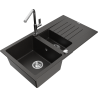 Mexen Matias granite sink 1.5-bowl with drainer and Flora kitchen tap, black/golden metallic - 6502-75-670401-00